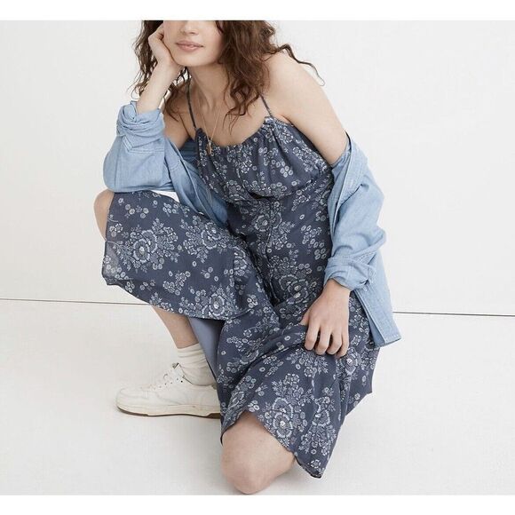MADEWELL Dress Womens 8 Tie-Back Button-Front Midi NEW Blue Floral NE783 - Picture 1 of 16